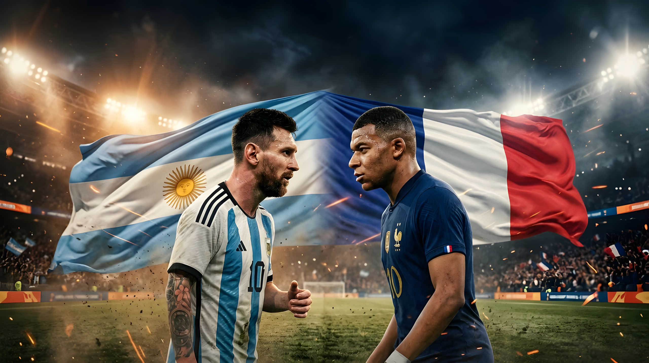 AI cinemagraph: AI-likeness of Messi (Argentina, left) and Mbappé (France, right) in a stadium, flags waving.