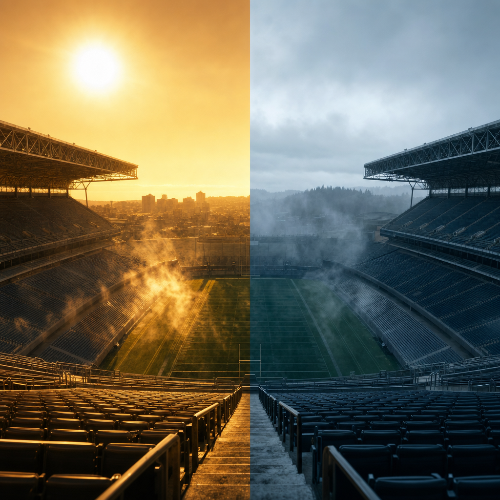 A diptych contrasting a sweltering sun-baked stadium with a cool misty one