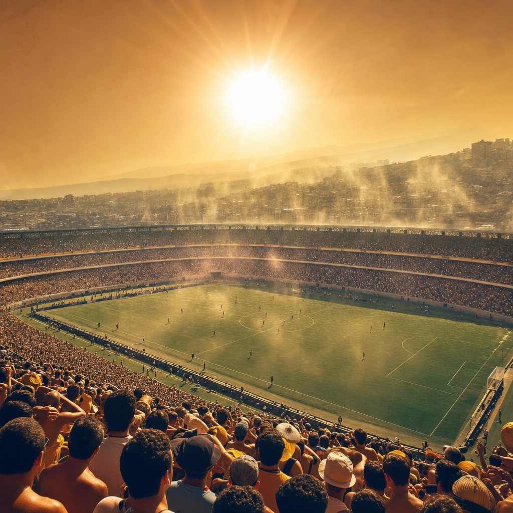 A packed open-air stadium baking under a blazing midday sun with visible heat haze